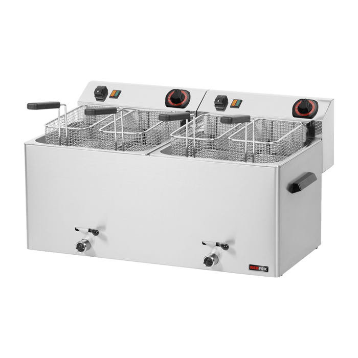 REDFOX FE 1010 TD | Elektrische dubbele friteuse 0.74 kW/l, 11+11 l tafelmodel met aftapkraan 400 V
